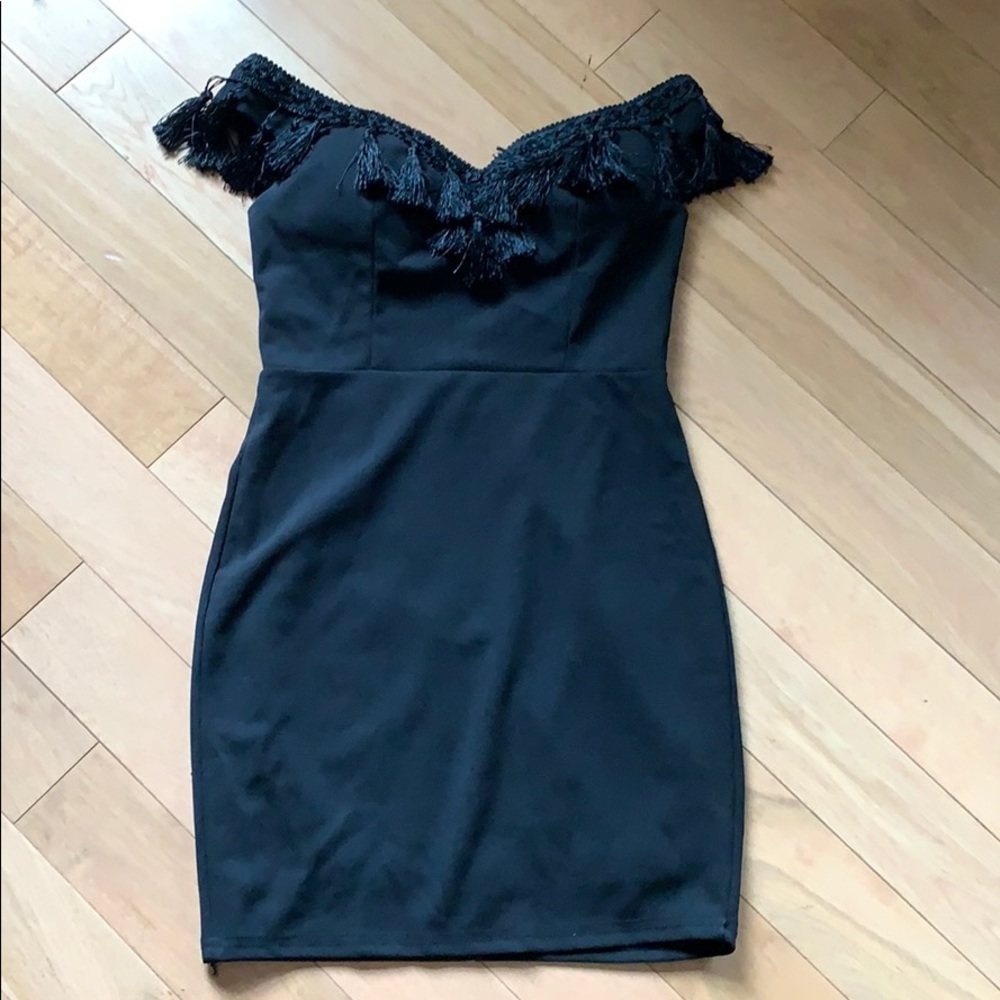 Black mini off the shoulder cocktail dress
